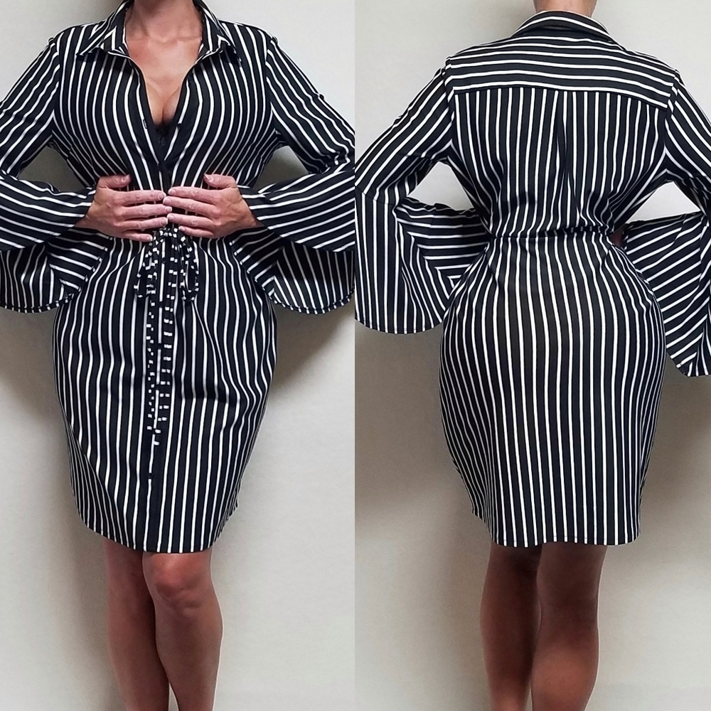Vintage Black White Multi Stripe Bell Sleeve Tie Waist Button Up Midi Dress L